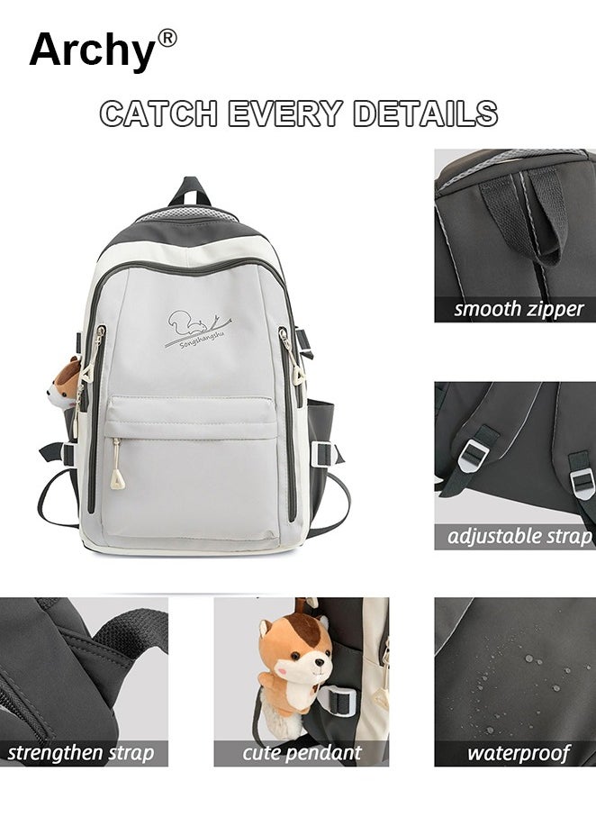 Solid Color Squirrel Print Campus Backpack For Girls and Boys with Pendant Back To School Supplies Kawaii Backpack with Cute Accessory 16.9 Inch Bookbags Lightweight Casual Travel Daypacks for Teens