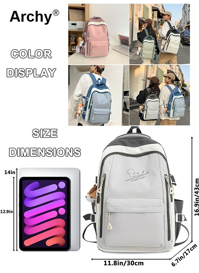 Solid Color Squirrel Print Campus Backpack For Girls and Boys with Pendant Back To School Supplies Kawaii Backpack with Cute Accessory 16.9 Inch Bookbags Lightweight Casual Travel Daypacks for Teens