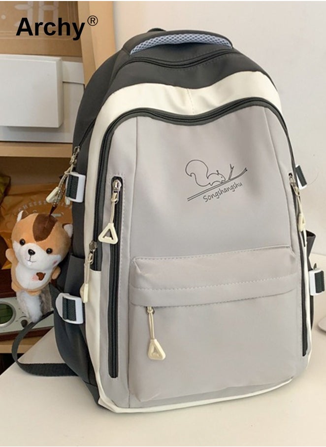 Solid Color Squirrel Print Campus Backpack For Girls and Boys with Pendant Back To School Supplies Kawaii Backpack with Cute Accessory 16.9 Inch Bookbags Lightweight Casual Travel Daypacks for Teens