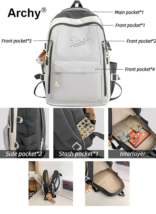 Solid Color Squirrel Print Campus Backpack For Girls and Boys with Pendant Back To School Supplies Kawaii Backpack with Cute Accessory 16.9 Inch Bookbags Lightweight Casual Travel Daypacks for Teens