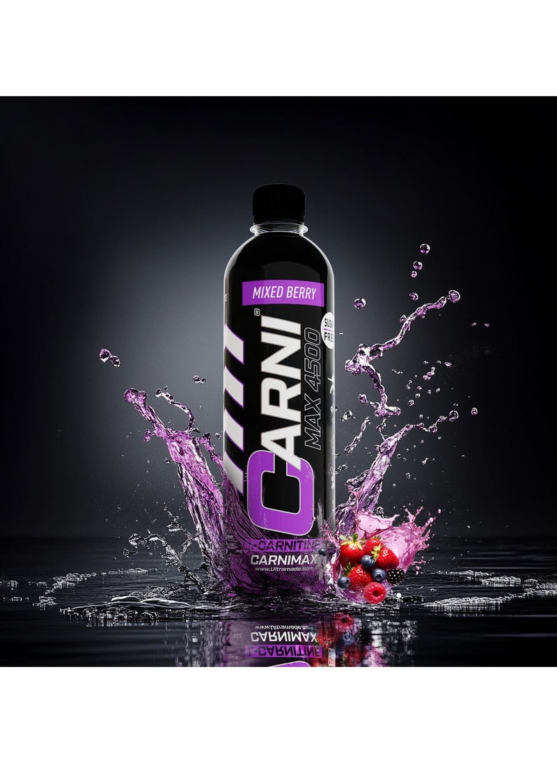 CARNIMAX 4500 L-CARNITINE  Mixed Berry - Maximum Fat Burn L-Carnitine with Electrolytes, CLA, Chromium, B Complex Vitamins & Alpha GPC - Zero Sugar, 500ml Pack of 12