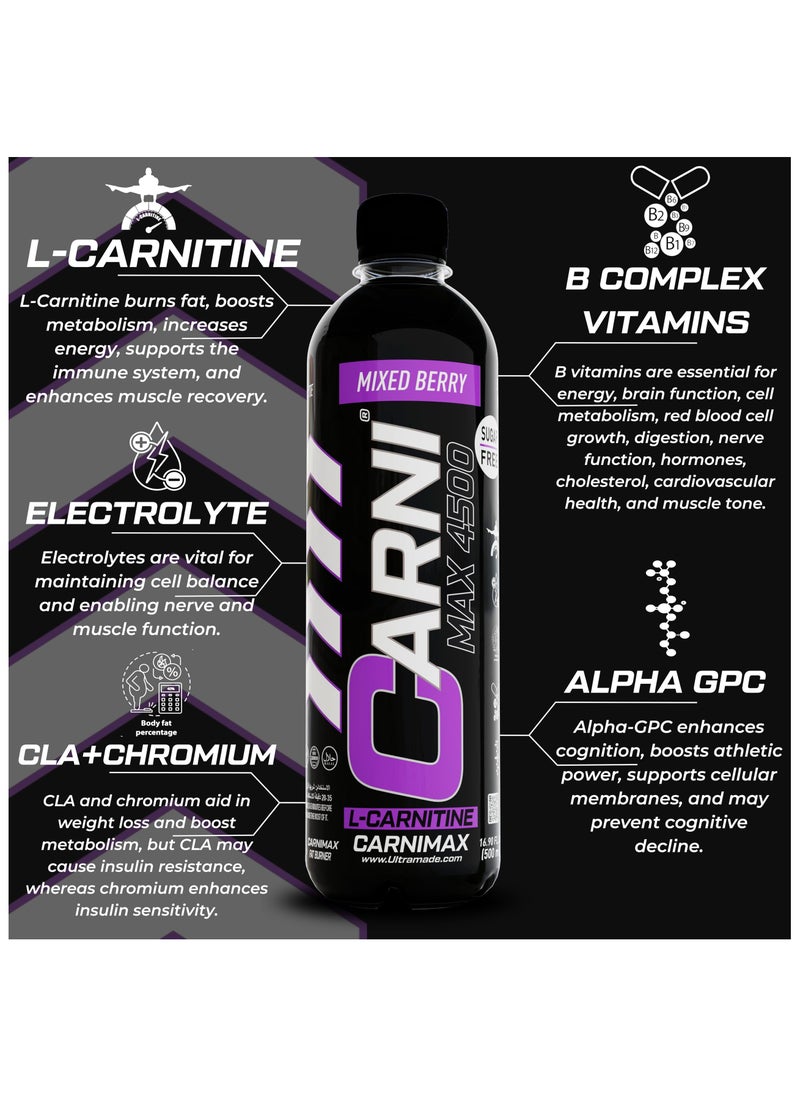 CARNIMAX 4500 L-CARNITINE  Mixed Berry - Maximum Fat Burn L-Carnitine with Electrolytes, CLA, Chromium, B Complex Vitamins & Alpha GPC - Zero Sugar, 500ml Pack of 12