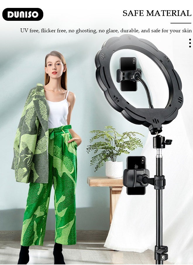 Selfie Ring Light with Extendable Floor Tripod and Phone Holder, Dimmable LED Beauty Camera Ring light with 360 Degrees Shooting Arm for Makeup, Photo Selfie, Video Recording, Live Streaming