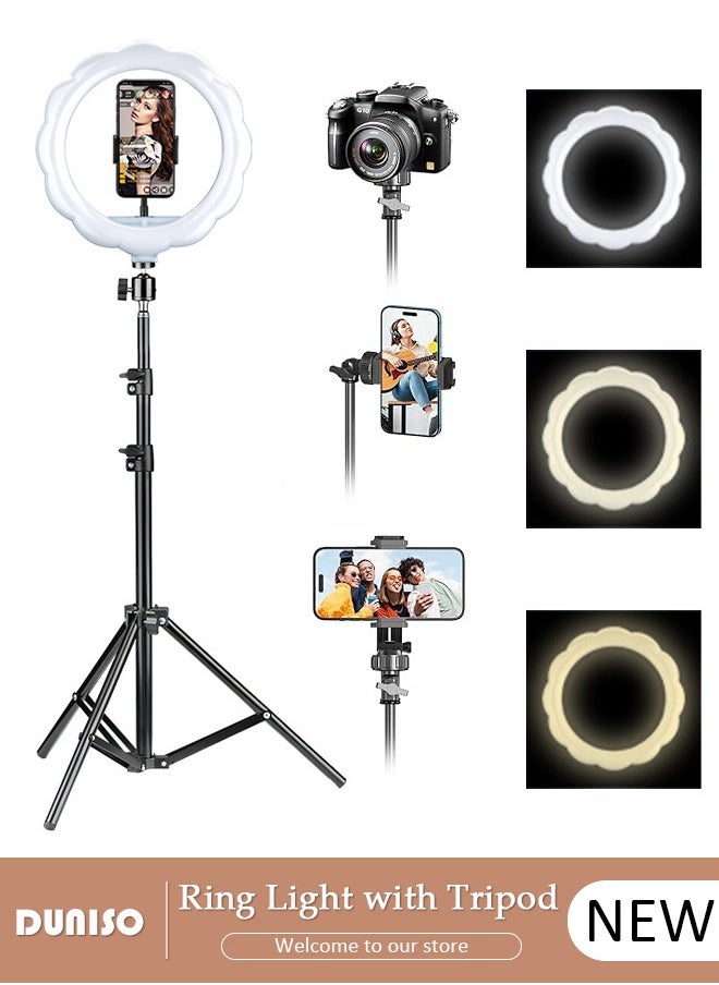 Selfie Ring Light with Extendable Floor Tripod and Phone Holder, Dimmable LED Beauty Camera Ring light with 360 Degrees Shooting Arm for Makeup, Photo Selfie, Video Recording, Live Streaming