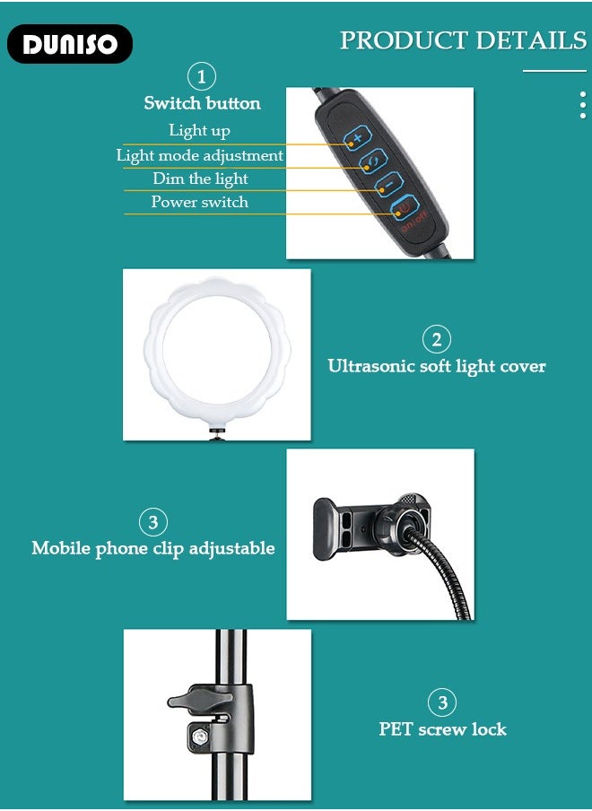 Selfie Ring Light with Extendable Floor Tripod and Phone Holder, Dimmable LED Beauty Camera Ring light with 360 Degrees Shooting Arm for Makeup, Photo Selfie, Video Recording, Live Streaming