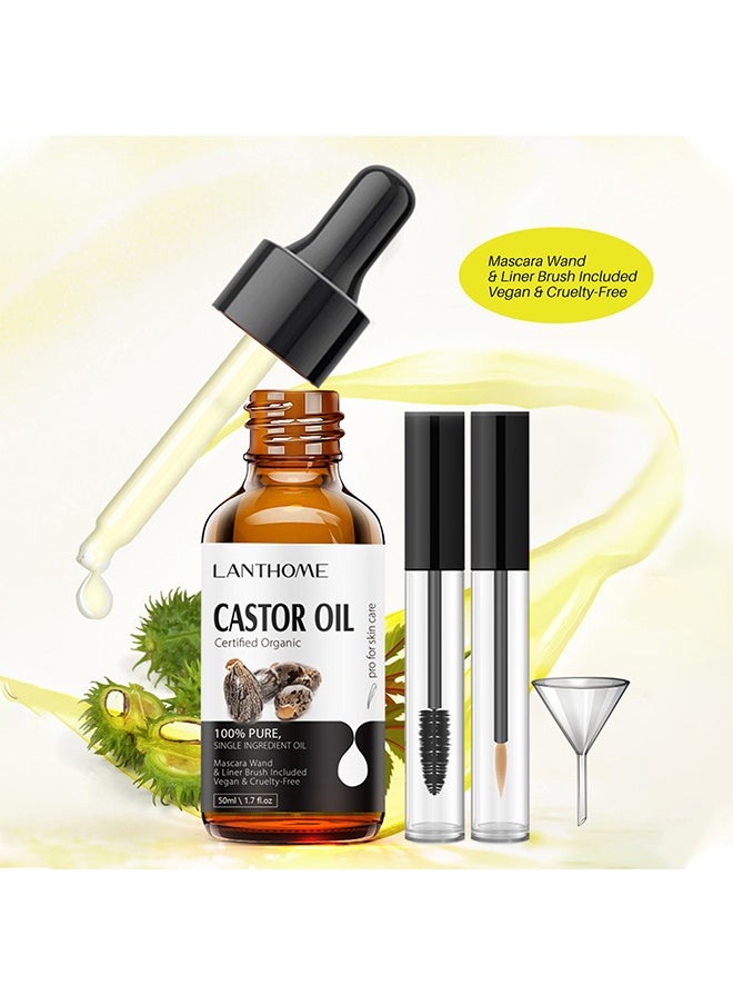 Castor Oil Certified Organic，Castor Oil For Eyelashes and Eyebrows, Organic Jamaican Black Castor Oil Cold Pressed Hair Growth Oil, Skin Moisturizer Body Oil ith Eyelash Kit 50ml