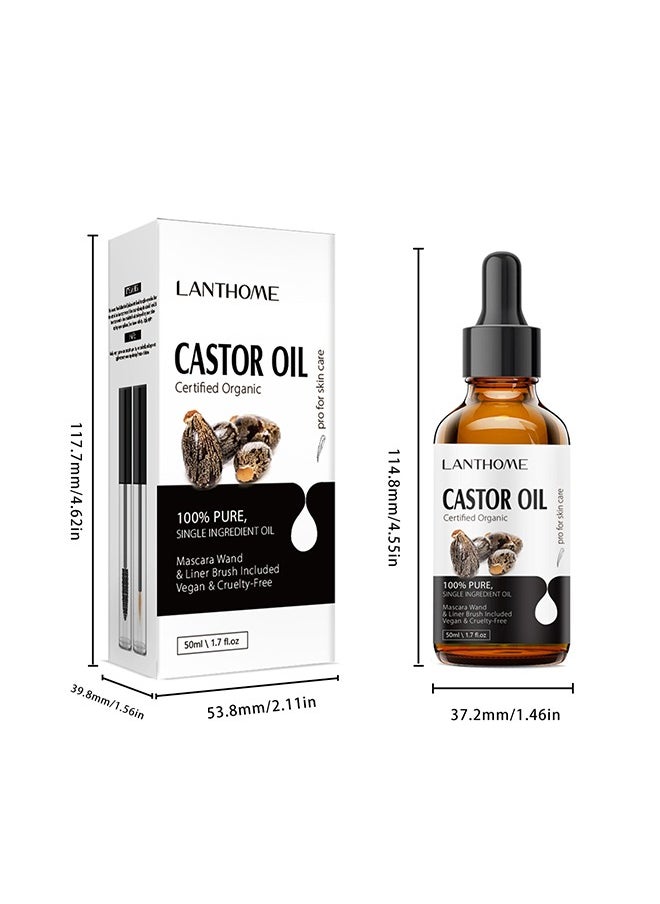 Castor Oil Certified Organic，Castor Oil For Eyelashes and Eyebrows, Organic Jamaican Black Castor Oil Cold Pressed Hair Growth Oil, Skin Moisturizer Body Oil ith Eyelash Kit 50ml