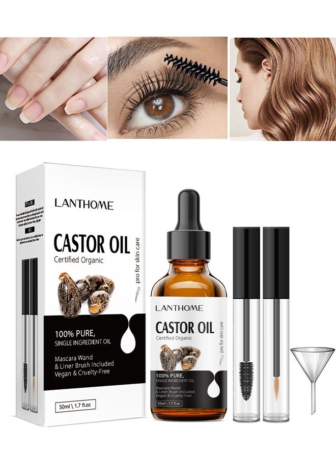 Castor Oil Certified Organic，Castor Oil For Eyelashes and Eyebrows, Organic Jamaican Black Castor Oil Cold Pressed Hair Growth Oil, Skin Moisturizer Body Oil ith Eyelash Kit 50ml