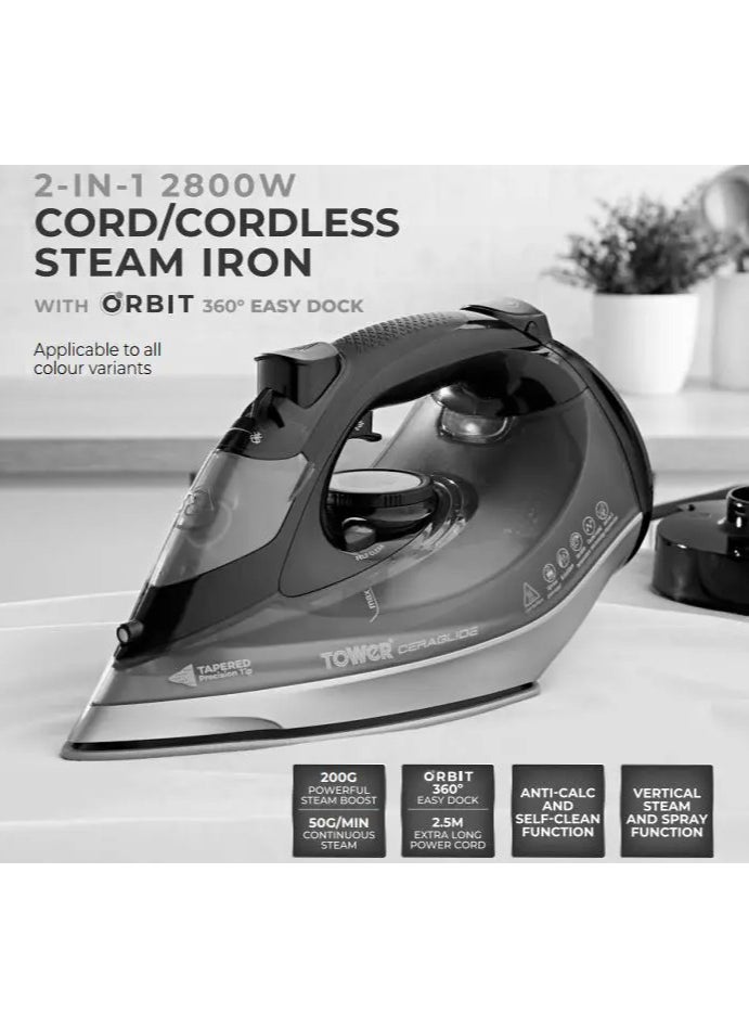 Tower T22022G Ceraglide 360 Cord Cordless Steam Iron with Rapid Heat-Up and Recharge, 2800W