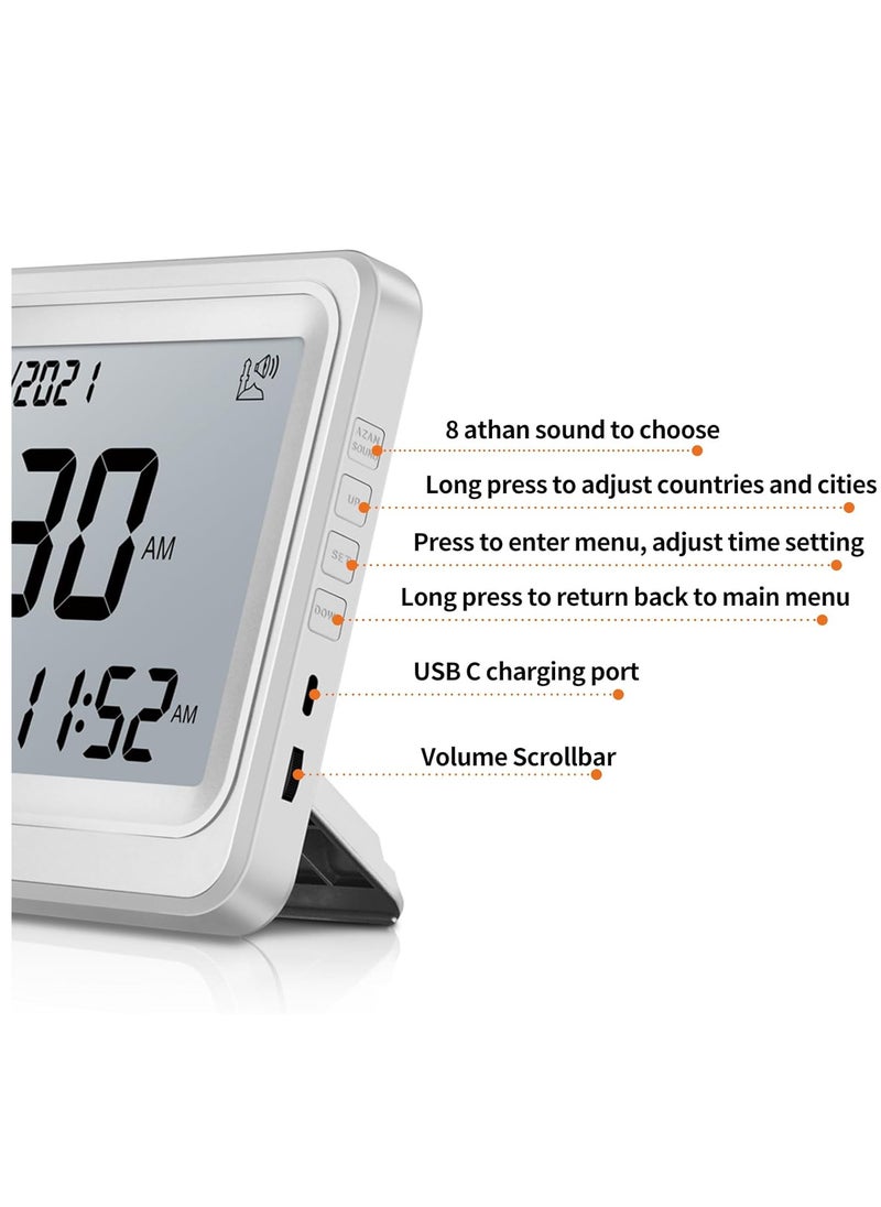 Automatic Worldwide Digital 8 Azan Prayer Sounds Islamic Wall and Desk Clock (White)