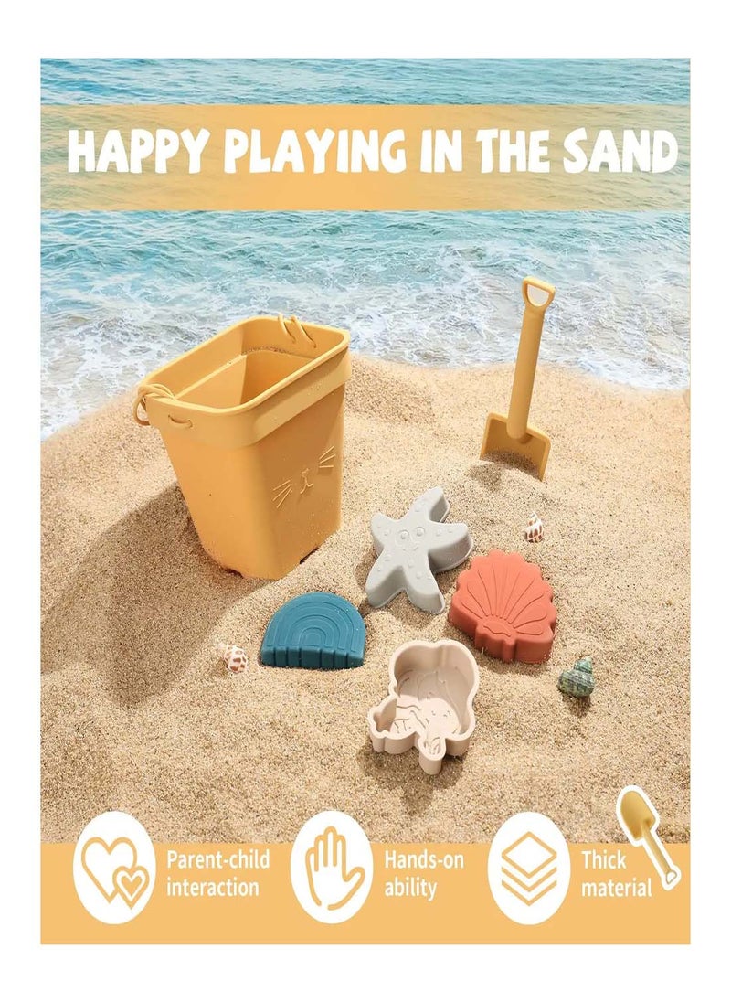 Silicone Beach Sand Toy Set for Kids, 6-Piece Sandbox Accessories with Collapsible Buckets, Shovel, and Animal Molds - Perfect for Outdoor Play and Bath Time Fun