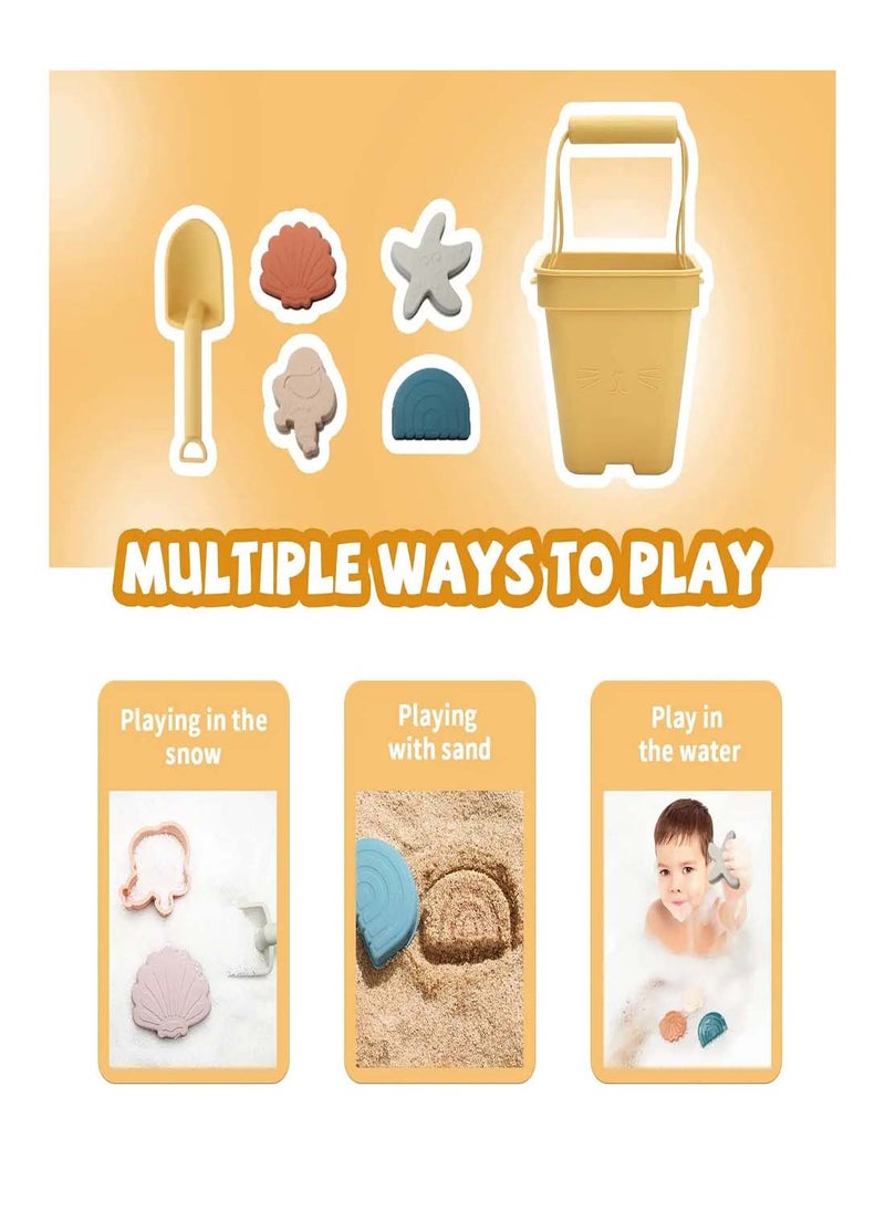 Silicone Beach Sand Toy Set for Kids, 6-Piece Sandbox Accessories with Collapsible Buckets, Shovel, and Animal Molds - Perfect for Outdoor Play and Bath Time Fun