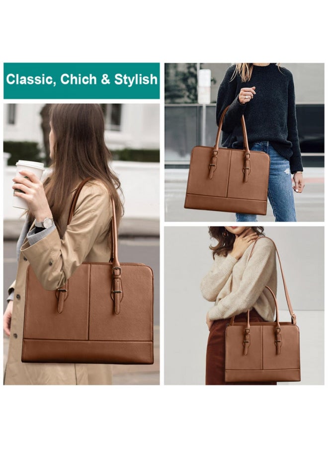 Laptop Bag for Women Leather Work Tote 15.6 Inch Laptop for Computer Bag Waterproof Business Office Professional Large Capacity Handbag Shoulder Bag
