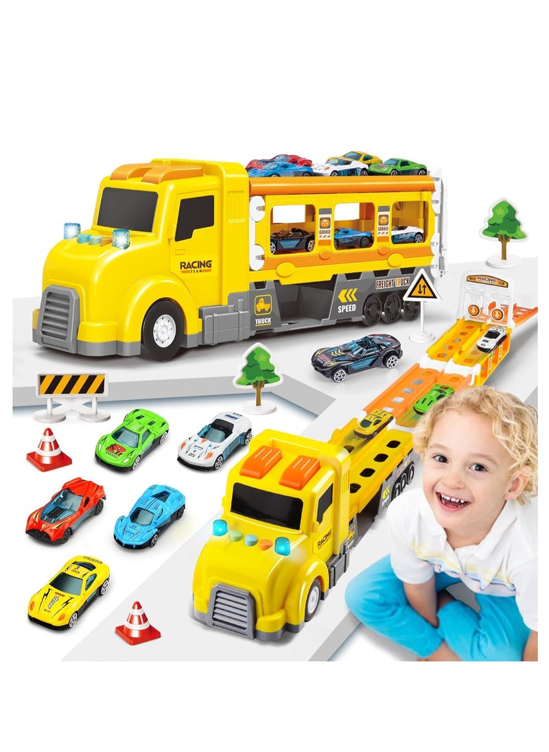 Transport Car Carrier Truck Toys for Kids, Transforms Race Track Playset with Lights Sounds, Ultimate City Transporter with 6 Cars, Birthday Gifts Toys for Boys Girls