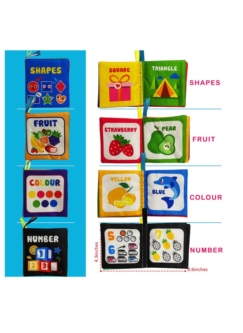 4-Pack Soft Fabric Baby Books, Colorful Touch and Feel Learning Toys for Infants, Explore Colors, Shapes, Numbers and Fruits