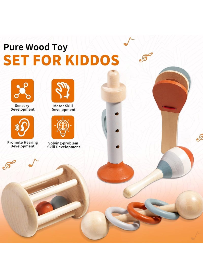 Montessori Wooden Toys for Baby, Wooden Baby Rattle Toys Set, 5pcs Wooden Music Alinstrument Toys with Trumpet, Maracas, Castanets, Three-Ring Rattle, Cage Rattles, Montessori Toys for Babies