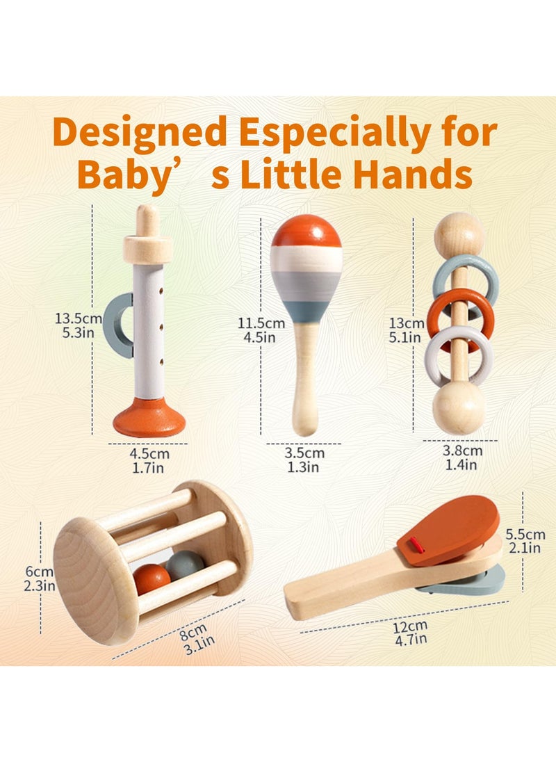 Montessori Wooden Toys for Baby, Wooden Baby Rattle Toys Set, 5pcs Wooden Music Alinstrument Toys with Trumpet, Maracas, Castanets, Three-Ring Rattle, Cage Rattles, Montessori Toys for Babies