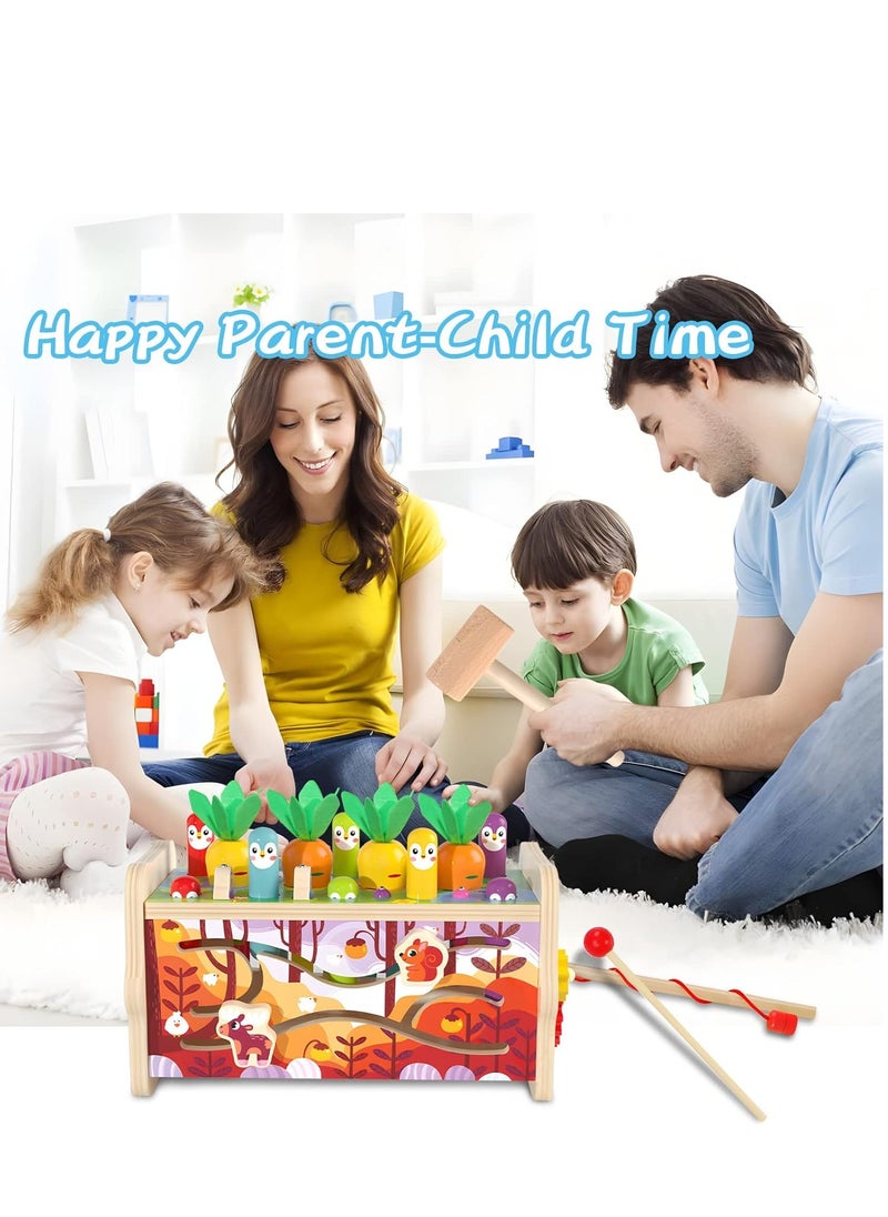 8 in 1 Wooden Montessori Sensory Toys, Fishing Game Hammering Pounding Toy with Carrot Harvest Xylophone Learning Educational Toys Gifts for Boys Girls