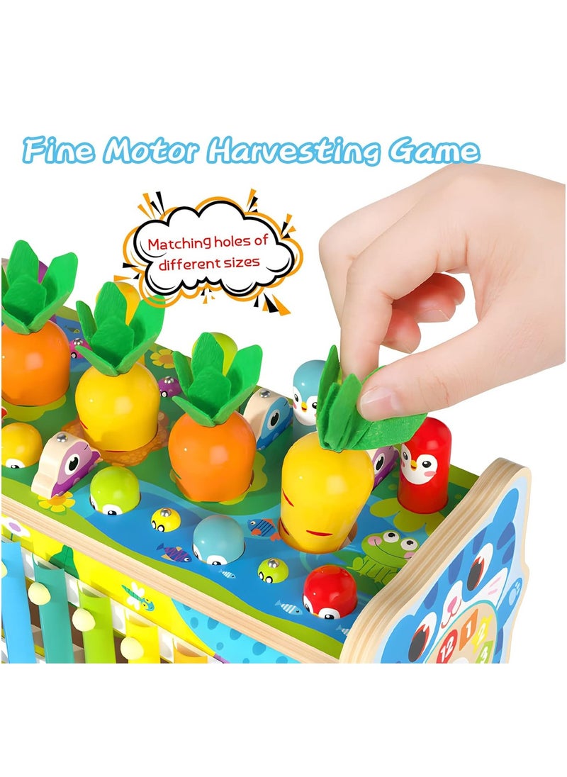 8 in 1 Wooden Montessori Sensory Toys, Fishing Game Hammering Pounding Toy with Carrot Harvest Xylophone Learning Educational Toys Gifts for Boys Girls