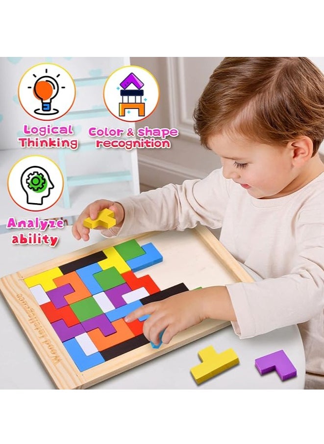 Gift Box Wooden Jigsaw Puzzles for Kids Aged 4-8 8-10 Thick Colorful 3D Russian Building Blocks and Brain Teaser Tangram Puzzles STEM Intelligence Toys Educational Gift for 3 4 5 6 7 Years Old Toddl