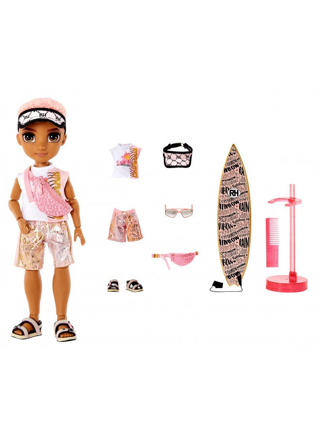 Rainbow High Pacific Coast Finn Rosado- Rose Gold Boy Fashion Doll with Pool Accessories playset, and Surfboard. Great Gift for Kids 6-12 Years Old, (581888)