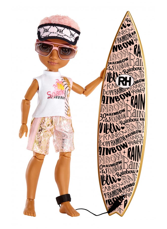 Rainbow High Pacific Coast Finn Rosado- Rose Gold Boy Fashion Doll with Pool Accessories playset, and Surfboard. Great Gift for Kids 6-12 Years Old, (581888)