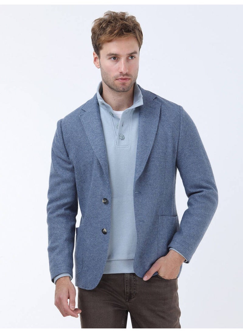 Blue Plain Modern Fit Wool Blend Knitted Jacket