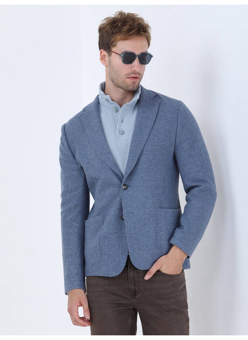 Blue Plain Modern Fit Wool Blend Knitted Jacket