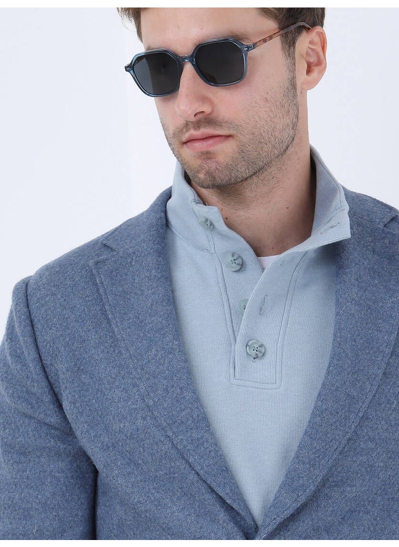 Blue Plain Modern Fit Wool Blend Knitted Jacket