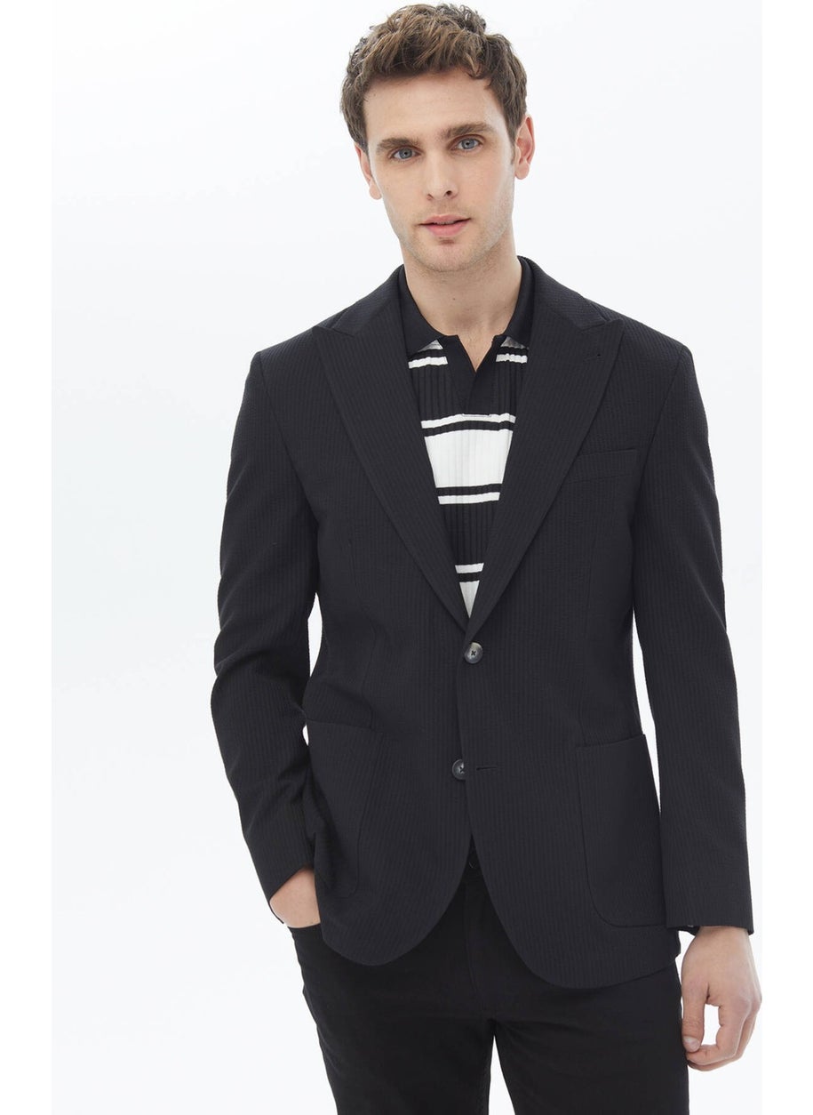 Black Striped Modern Fit Cotton Blend Jacket