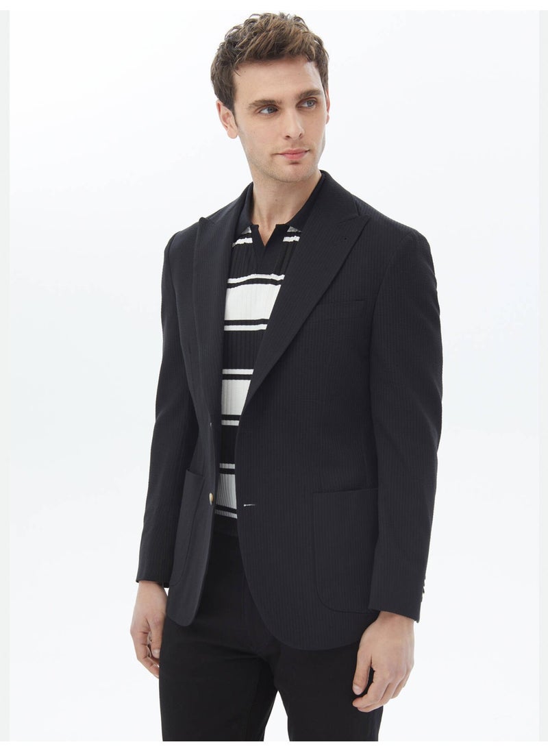 Black Striped Modern Fit Cotton Blend Jacket