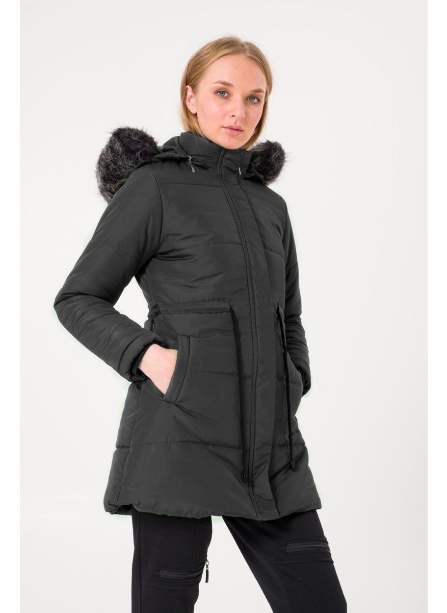 Waist-Tie Collar Furry Puffer Jacket