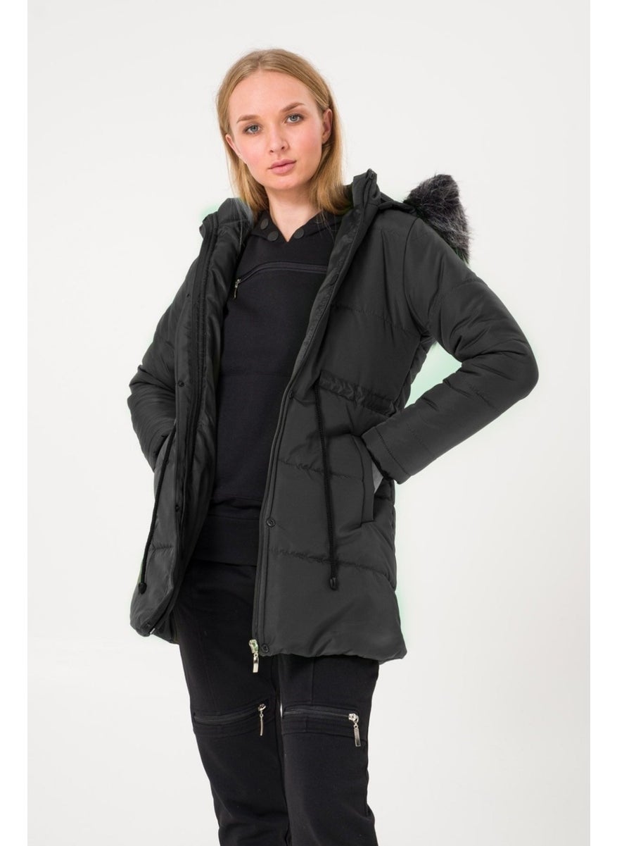 Waist-Tie Collar Furry Puffer Jacket