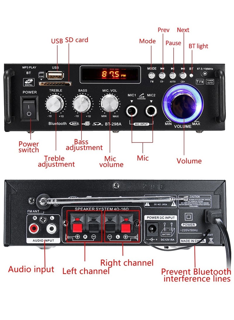 600W Speaker Amplifier 2CH FM Radio LCD Display Home Car 298A Bluetooth Version