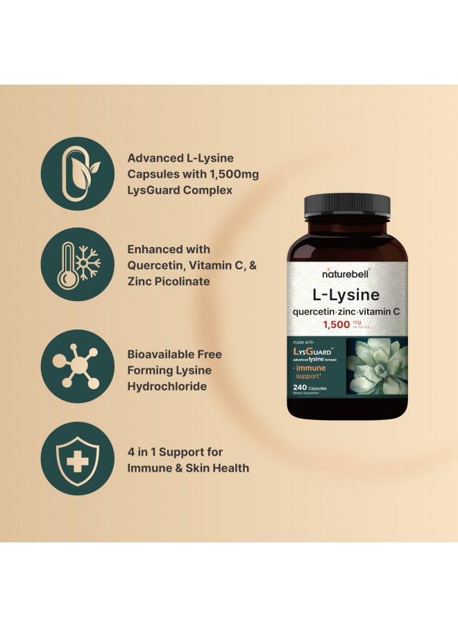 L-Lysine 1000mg + Quercetin 250mg Supplement, 240 Capsules, Free Form, 4-in-1 Lysine Complex, Quercetin with Vitamin C and Zinc | Immune Support | Promote Lips & Skin Health