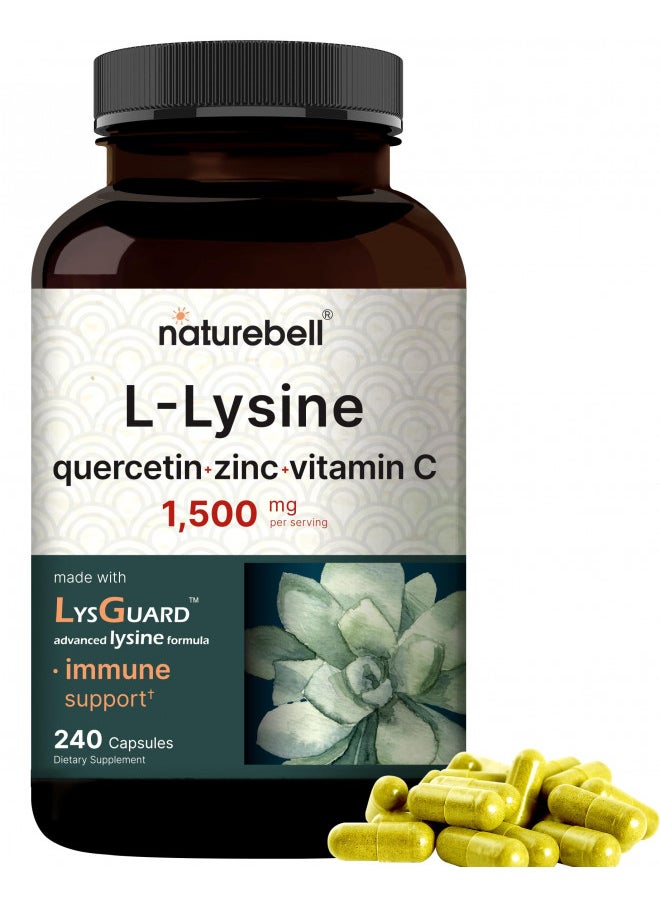 L-Lysine 1000mg + Quercetin 250mg Supplement, 240 Capsules, Free Form, 4-in-1 Lysine Complex, Quercetin with Vitamin C and Zinc | Immune Support | Promote Lips & Skin Health