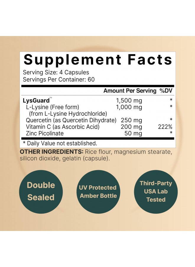 L-Lysine 1000mg + Quercetin 250mg Supplement, 240 Capsules, Free Form, 4-in-1 Lysine Complex, Quercetin with Vitamin C and Zinc | Immune Support | Promote Lips & Skin Health