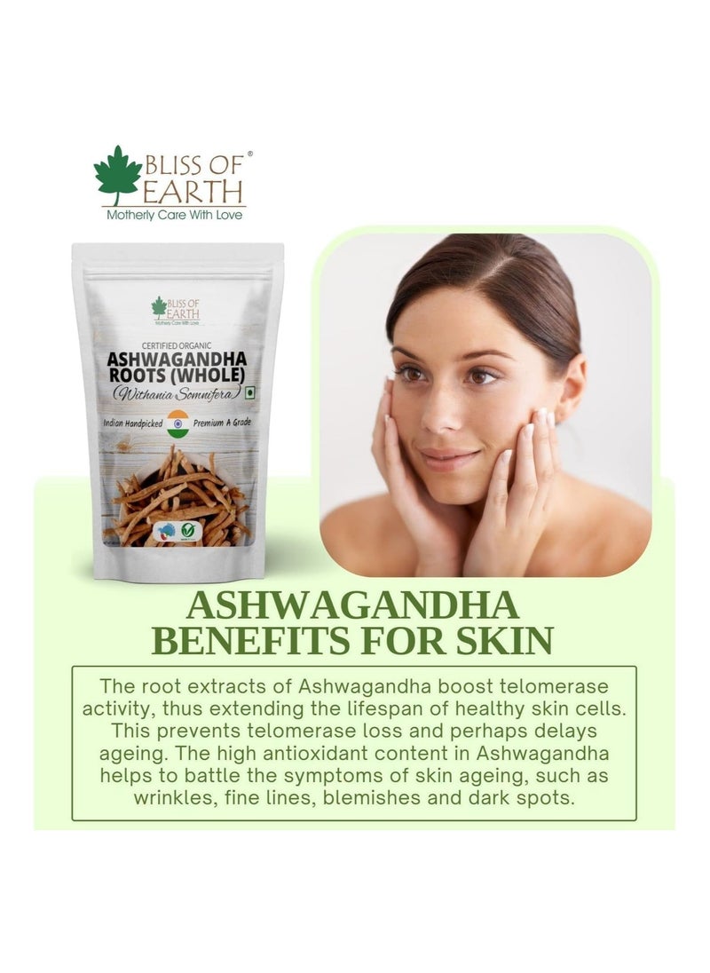 Certified Organic Ashwagandha Roots Whole Withania Somnifera Premium Grade Help Boost Immunity Stress Relief 200gm Pack of 2