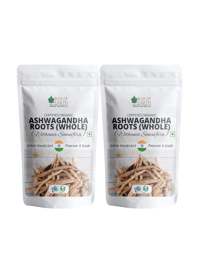 Certified Organic Ashwagandha Roots Whole Withania Somnifera Premium Grade Help Boost Immunity Stress Relief 200gm Pack of 2