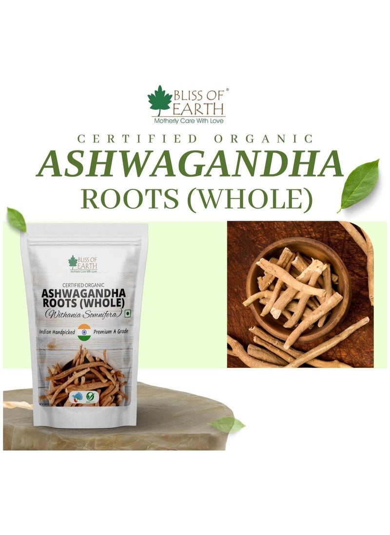 Certified Organic Ashwagandha Roots Whole Withania Somnifera Premium Grade Help Boost Immunity Stress Relief 200gm Pack of 2