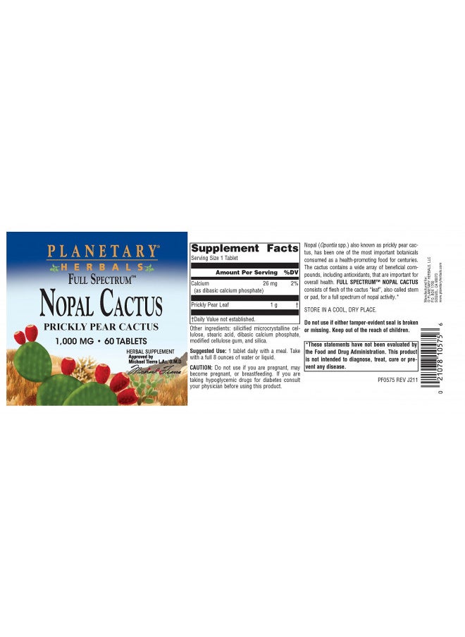 Planetary Herbals Full Spectrum Nopal Cactus 1000mg Prickly Pear Cactus Antioxidant - 100% Natural - 60 Tablets