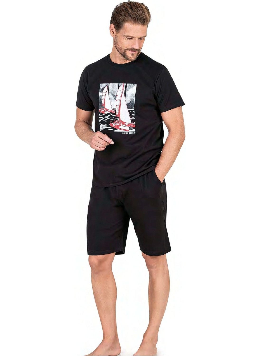 6039 Men's Short Sleeve Pajama Set with Shorts-Black