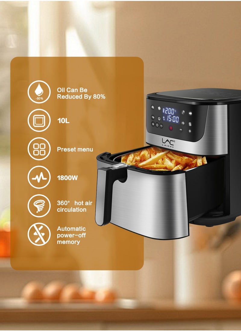 Digital Air Fryer Large Size With One-touch Panel, 360° Turbo Airflow Tech,6 recipes,2 pots, Nonstick Air Fryers Basket,Dishwasher-safe,Automatic power-off memory 10L 1800W L-6707 Light Grey