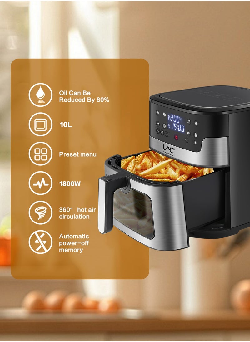 Digital Air Fryer Large Size With One-touch Panel, 360° Turbo Airflow Tech,6 recipes, Nonstick Air Fryers Basket,Dishwasher-safe,Automatic power-off memory 10L,1800W,L-6708 Light Grey