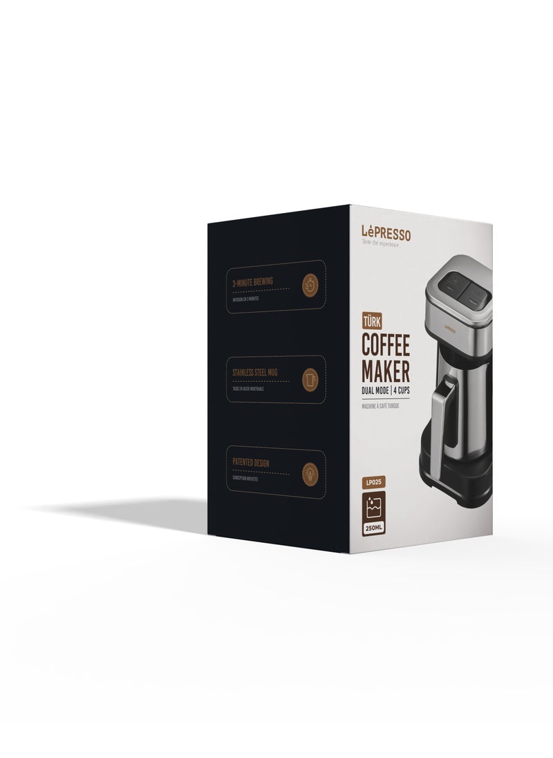 Turkish Coffee Maker Dual Mode 250ml 4 Cups / Stainless Steel Mug / Patented Design / Anti-Overflow / 3-Minute Brewing / Boil dry protection / Overheat Protection /Coffee Machine / UK 3-Pin Plug - Black