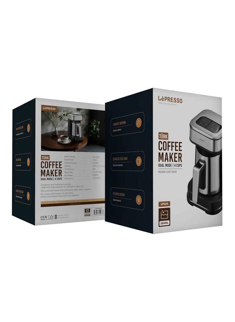 Turkish Coffee Maker Dual Mode 250ml 4 Cups / Stainless Steel Mug / Patented Design / Anti-Overflow / 3-Minute Brewing / Boil dry protection / Overheat Protection /Coffee Machine / UK 3-Pin Plug - Black
