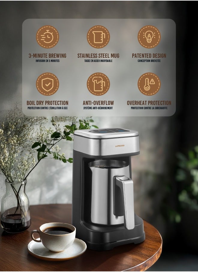 Turkish Coffee Maker Dual Mode 250ml 4 Cups / Stainless Steel Mug / Patented Design / Anti-Overflow / 3-Minute Brewing / Boil dry protection / Overheat Protection /Coffee Machine / UK 3-Pin Plug - Black