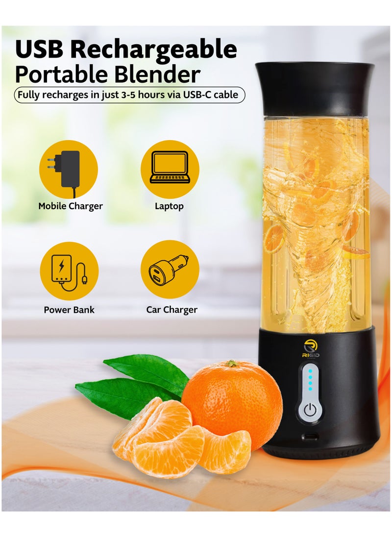 RIGID FITNESS Portable Mini Blender - 500ml Cordless Mixer for Fruits Shakes & Protein Smoothies 150W – USB-C Rechargeable, 6 Powerfull Blades with Extra Blending Pulse & BPA-Free - for Daily Use