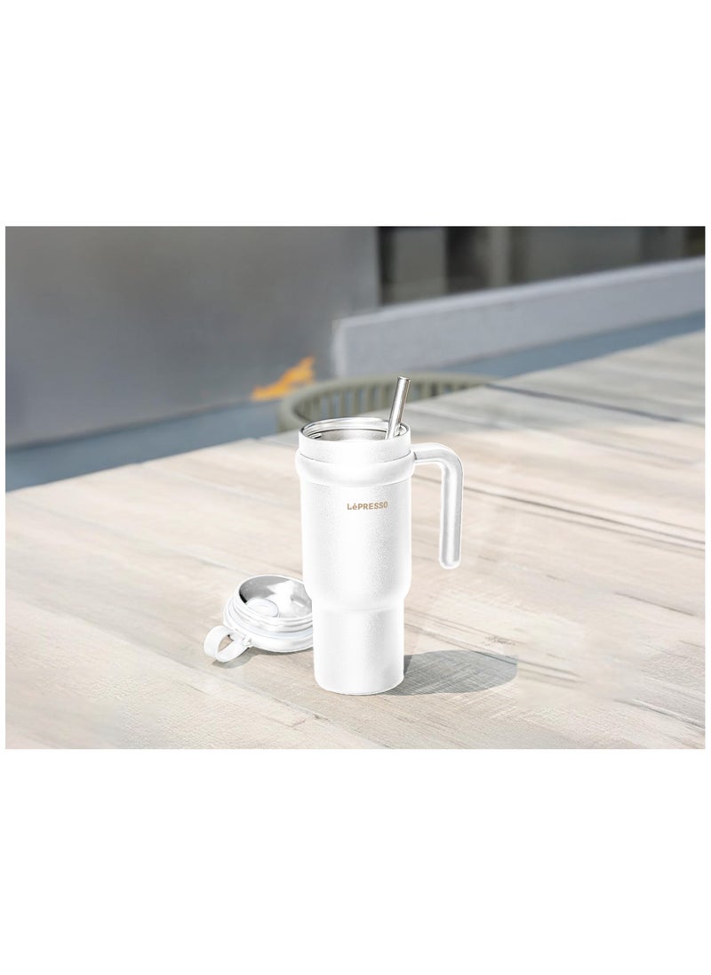 Coffee Mug with Steel Straw 900ml / Keep Warm / Dual Drink Mode / Keep Cold / Stainless Steel Material - White