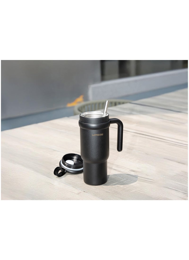 Coffee Mug with Steel Straw 900ml / Keep Warm / Dual Drink Mode / Keep Cold / Stainless Steel Material - Black